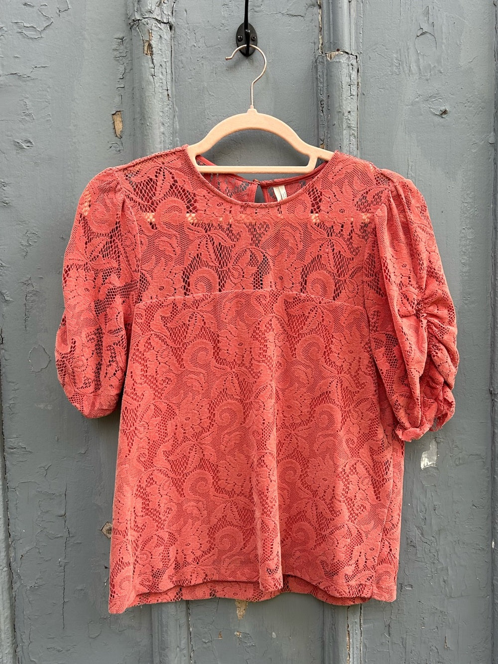 Anthropologie Parvati Velvet Lace Ruched Blouse Short Sleeve Top, Extra Small