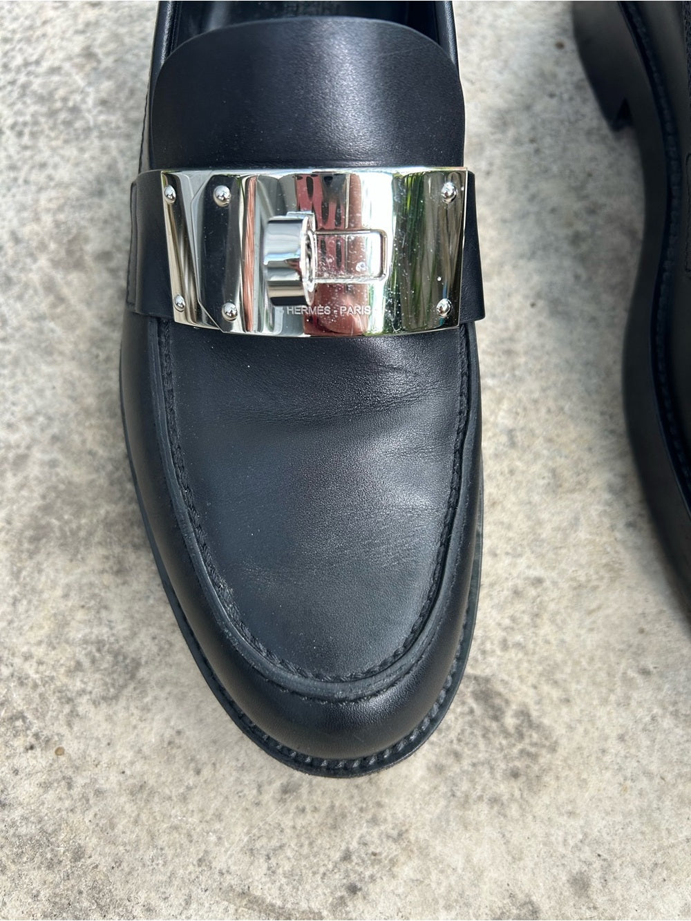 Hermes Black Hot Loafer with Palladium Kelly Buckle, size 6