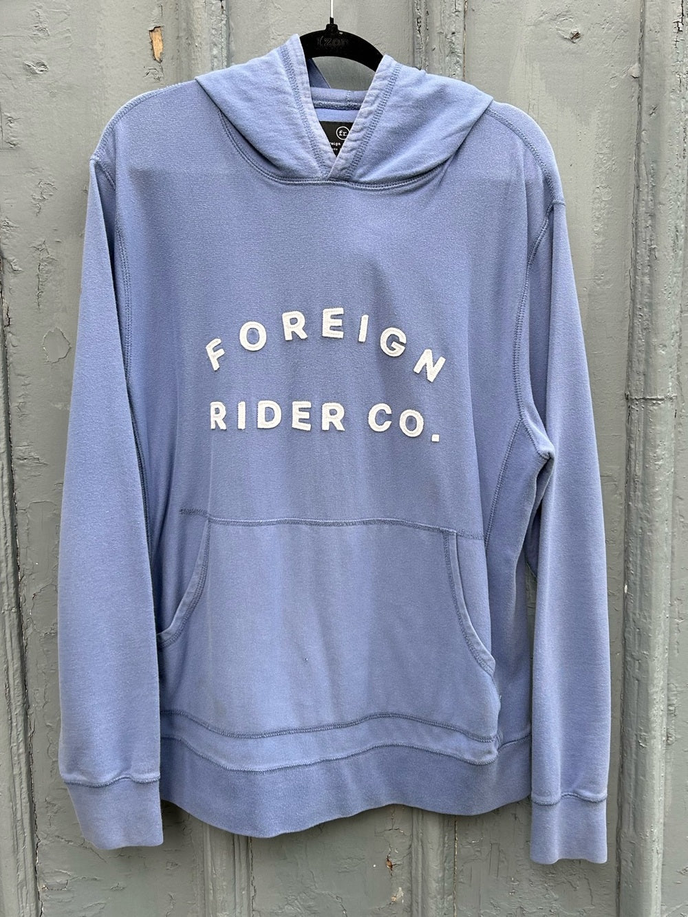 Foreign Rider Co Blue logo hoodie, size “4” (Large)