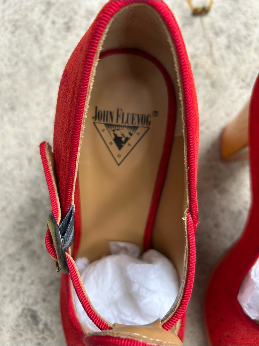 John Fluevog Attic Tova Contrast T-Strap Heel, size 7.5