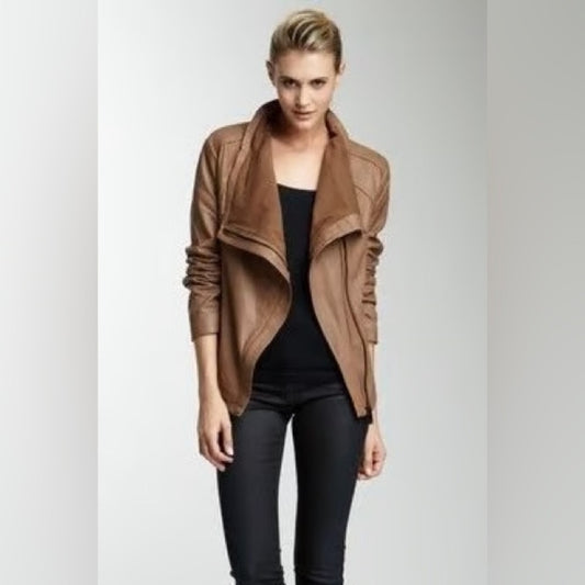 Elie Tahari Brown Andreas Lamb Leather Moto Jacket, size XL