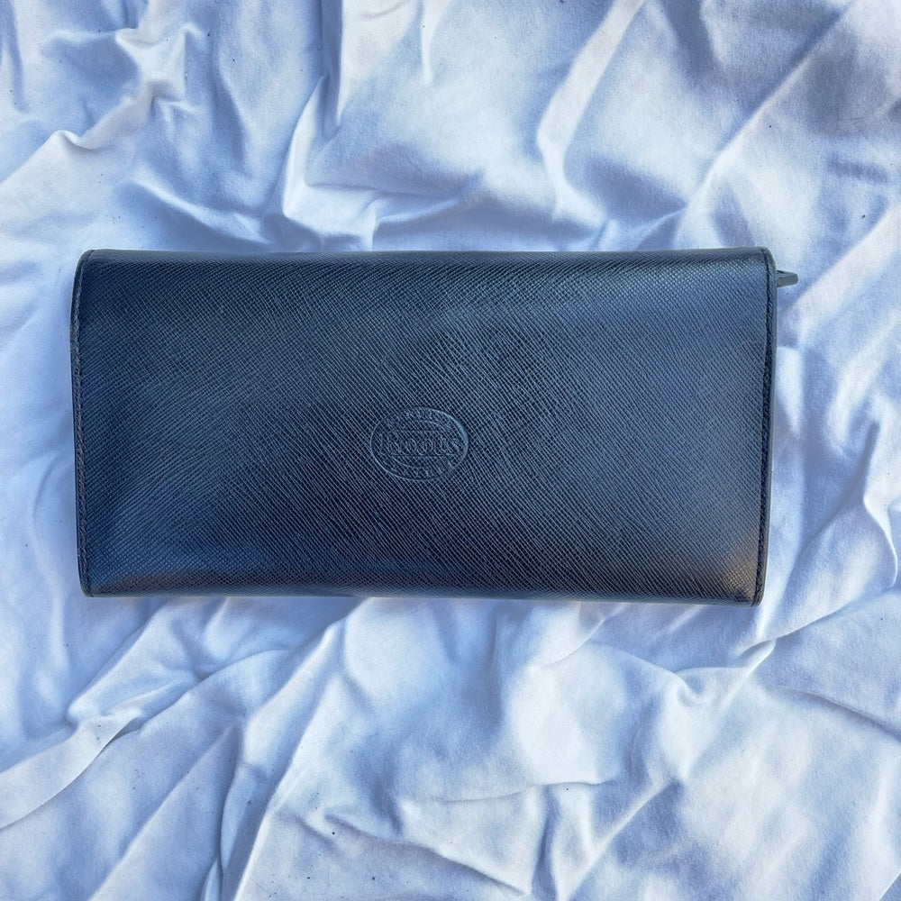 Roots black leather wallet, 7.5” x 4” x 0.5”