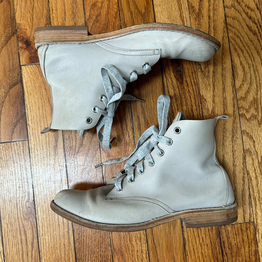 Brunello Cucinelli Grey Leather 7 hole Combat Boots, size 38.5