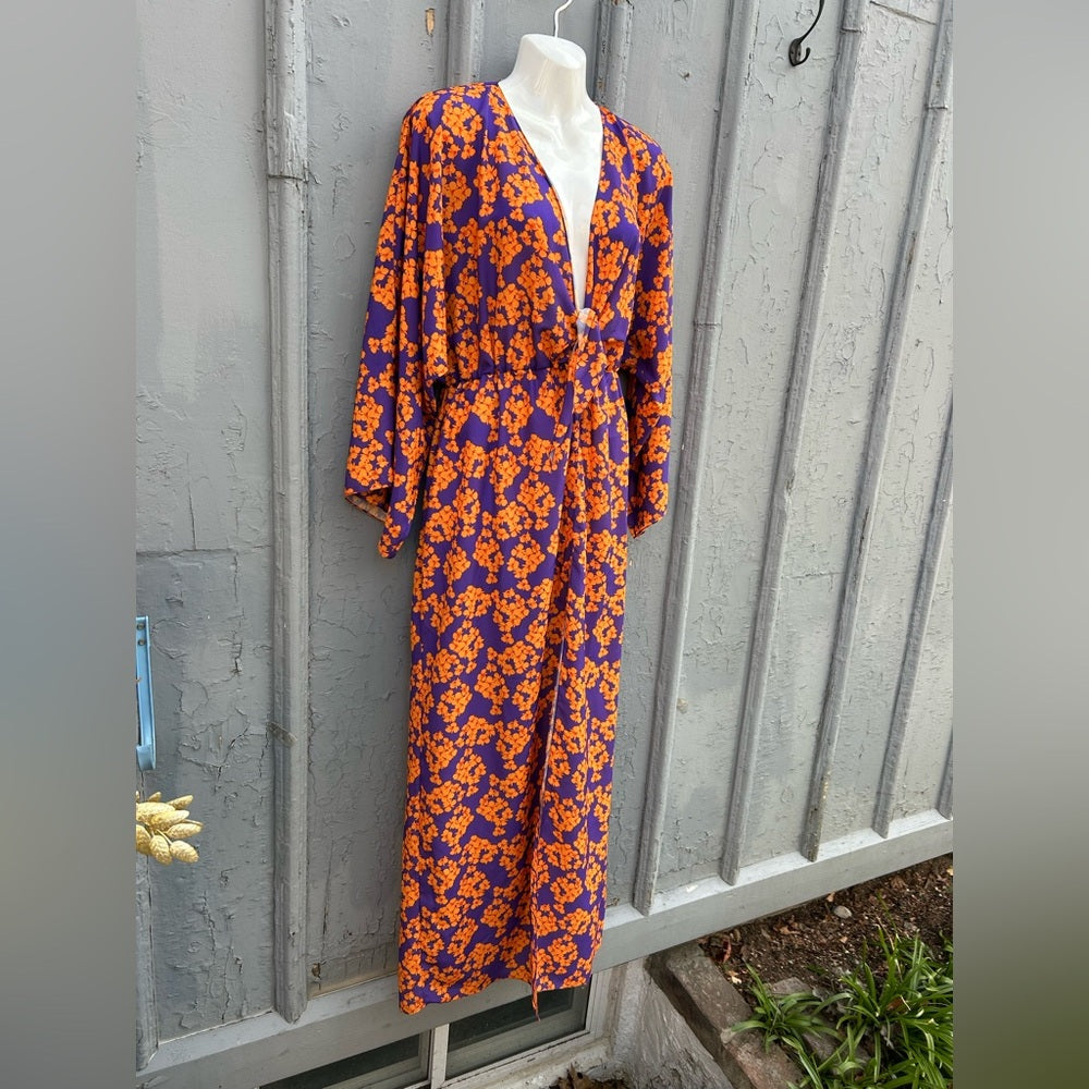 Borgo De Nora Elsa Tie Front Orange and Purple Floral Maxi Dress, size UK 10 (6)