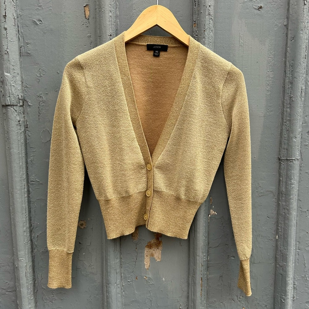 J Crew Merino Wool Metallic Gold cropped cardigan, size XS