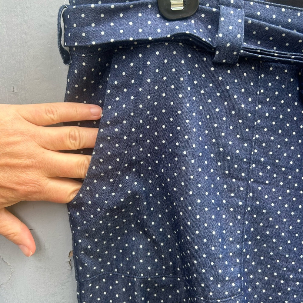 Bergstrom wide leg blue polka dot tie trouser, size 8