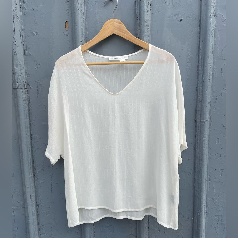 MELISSA NEPTON sheer white V neck blouse loose fit, size Large