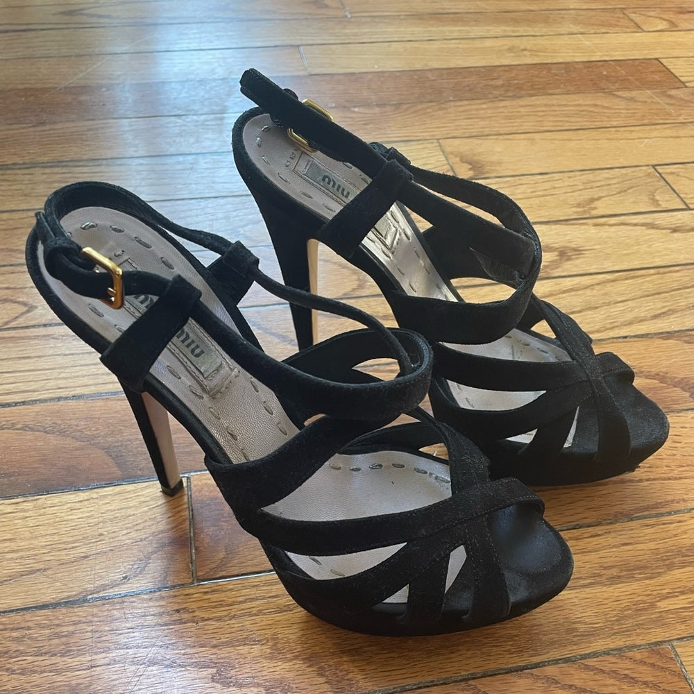 Miu Miu Black Suede Platform Crisscross Sandal Heels, size 36