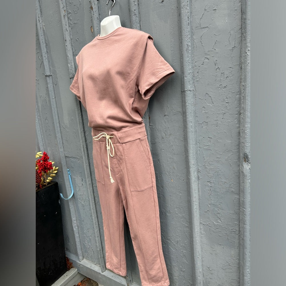 Pistola Clarisse French Terry Shoulder Pleat Jumpsuit in Cameo Pink, size XS