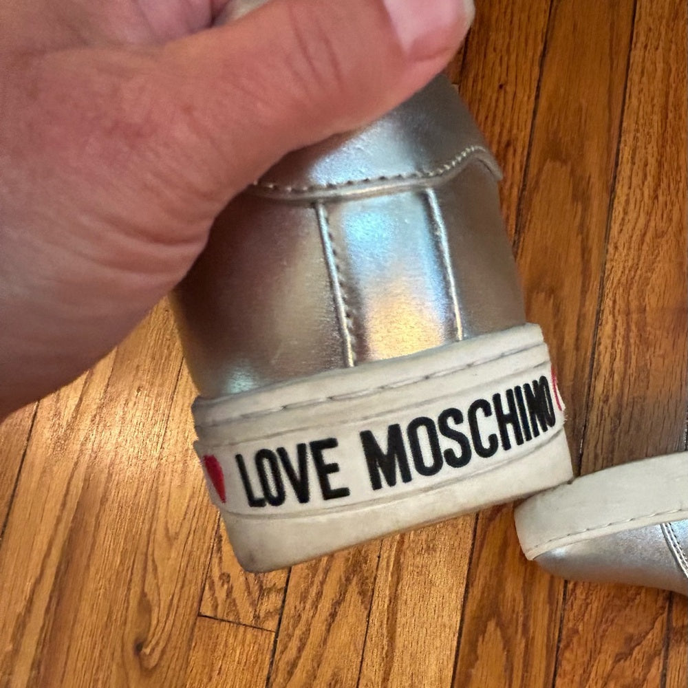 LOVE MOSCHINO Heart Encrusted Silver Leather Sneakers, size 38 (US 7.5)