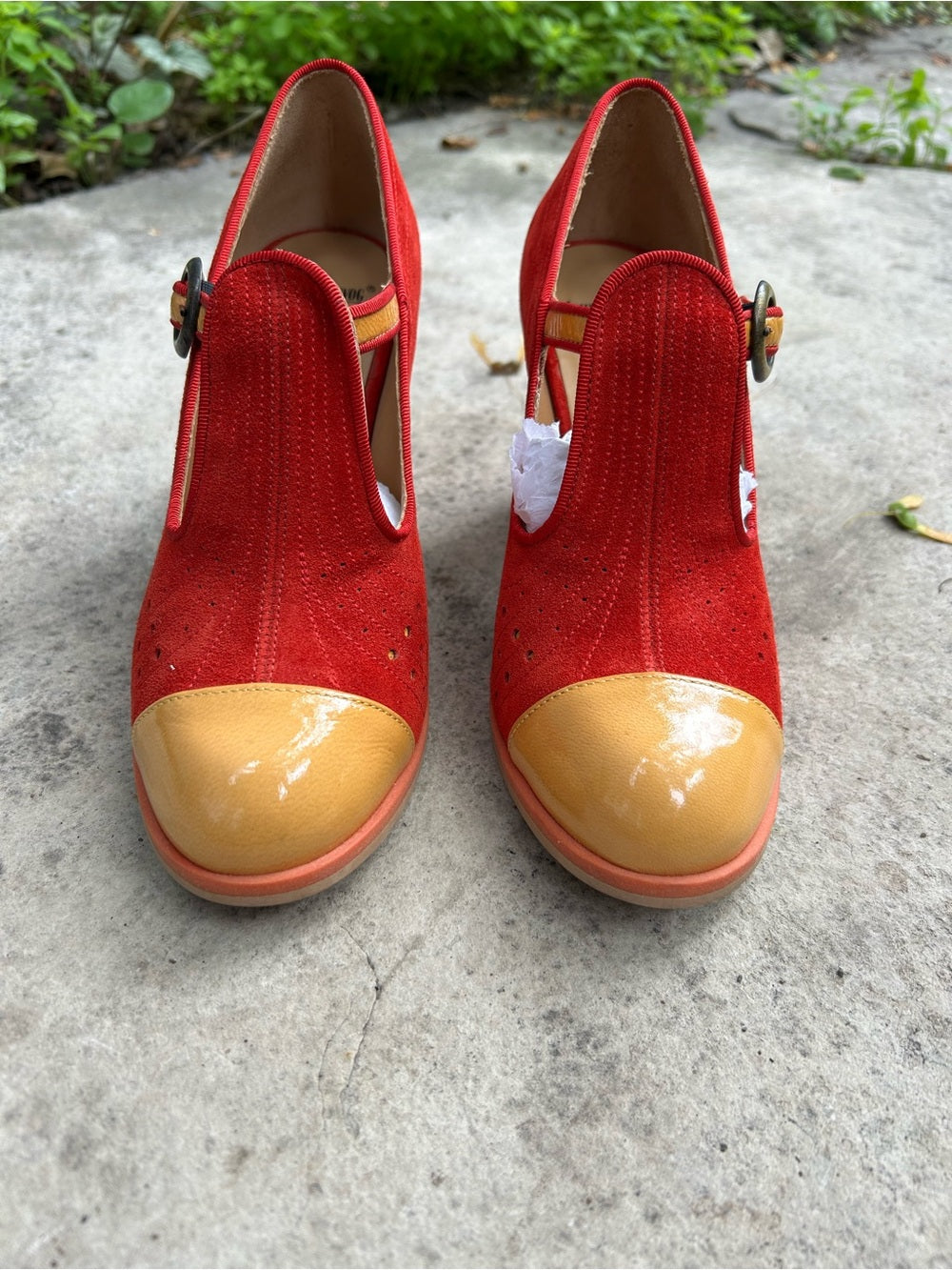 John Fluevog Attic Tova Contrast T-Strap Heel, size 7.5
