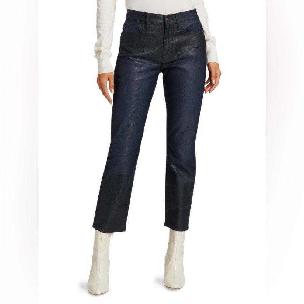 Frame Le Straight High Coated Snakeskin Jeans, size 30