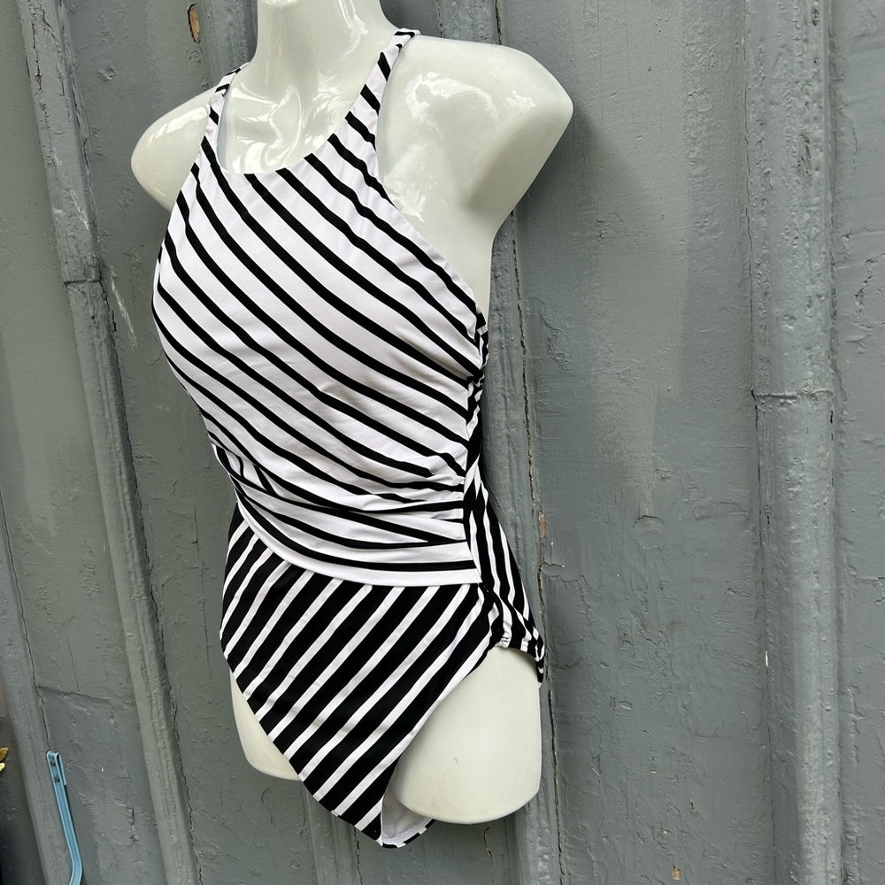 Lauren Ralph Lauren High Neck Stripe Swimsuit, size Approx Small