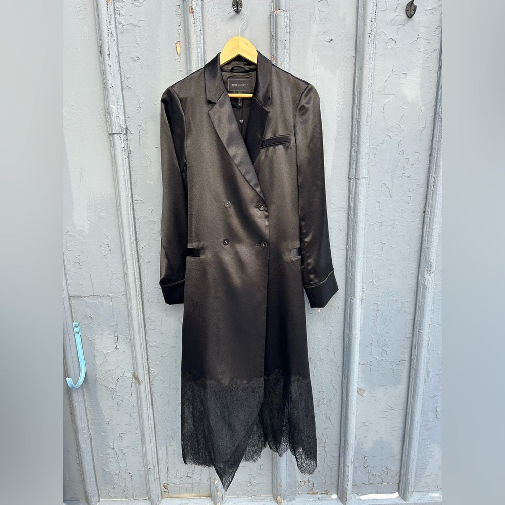 BCBGMaxAzria Lace-Trim Satin Trench Coat, BNWT, size Small