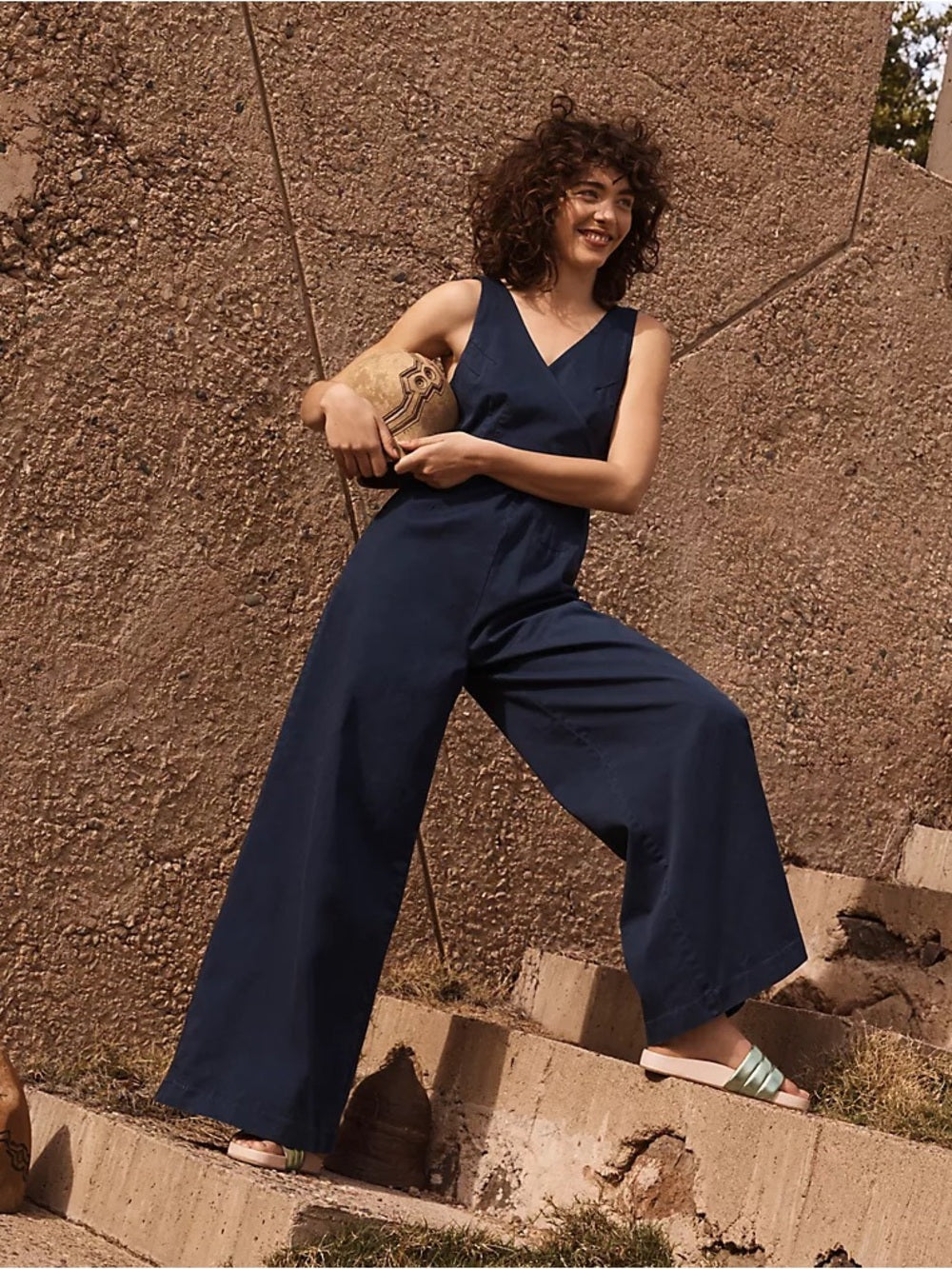 Chino by Anthropologie Navy Boho Wrap Front Wide Leg Jumpsuit, Size 14