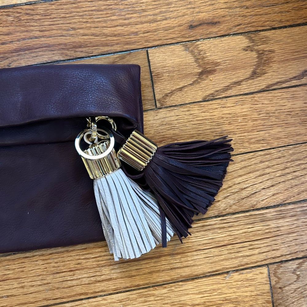 India Hicks Leather Tassled Carmen Clutch, Wine, 9.5" x  12 "