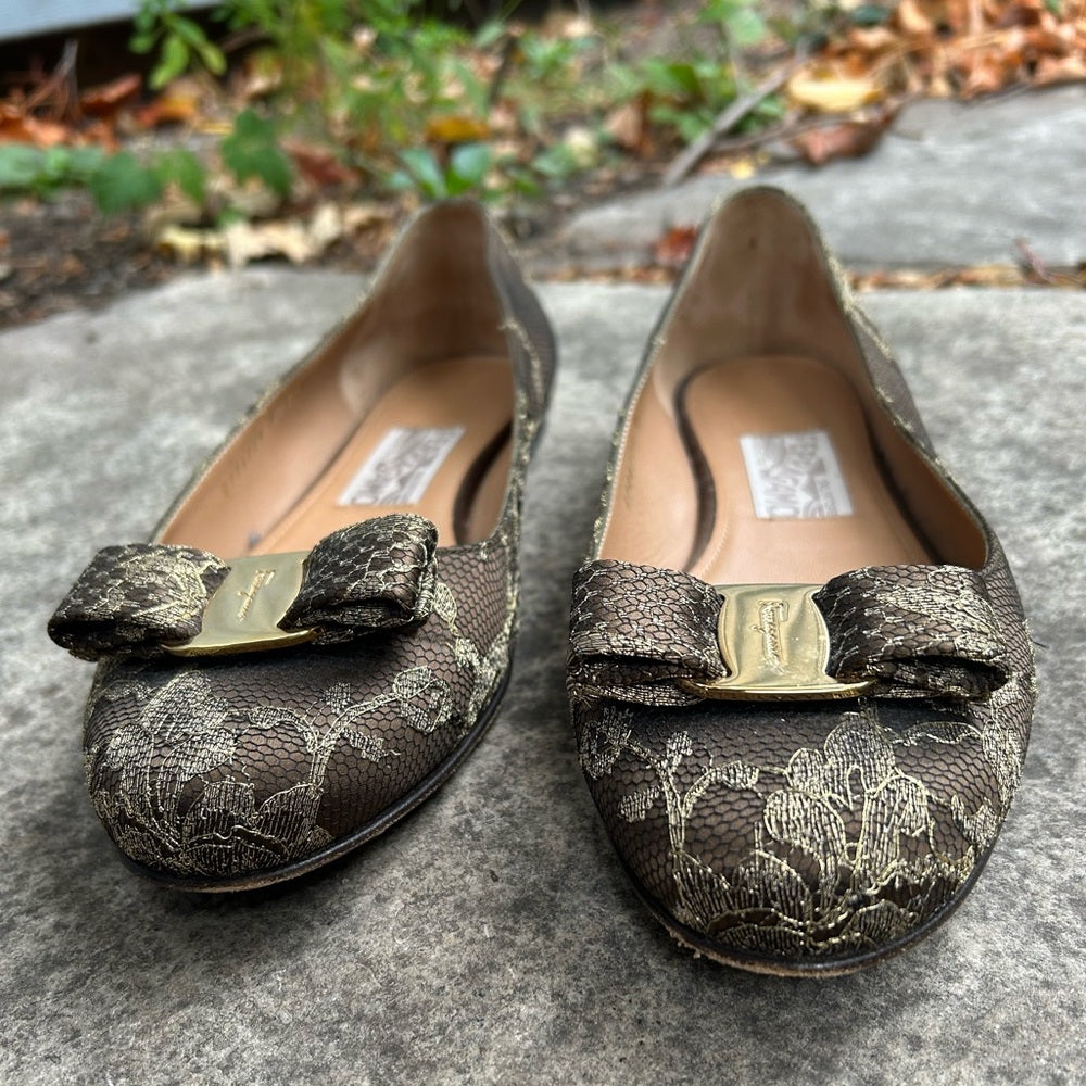 Ferragamo Lace and Satin Tarita Ballet Flats, size 9.5